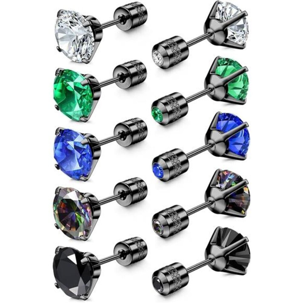 Surgical Steel Stud Earrings 5 Pairs Screw Back Men